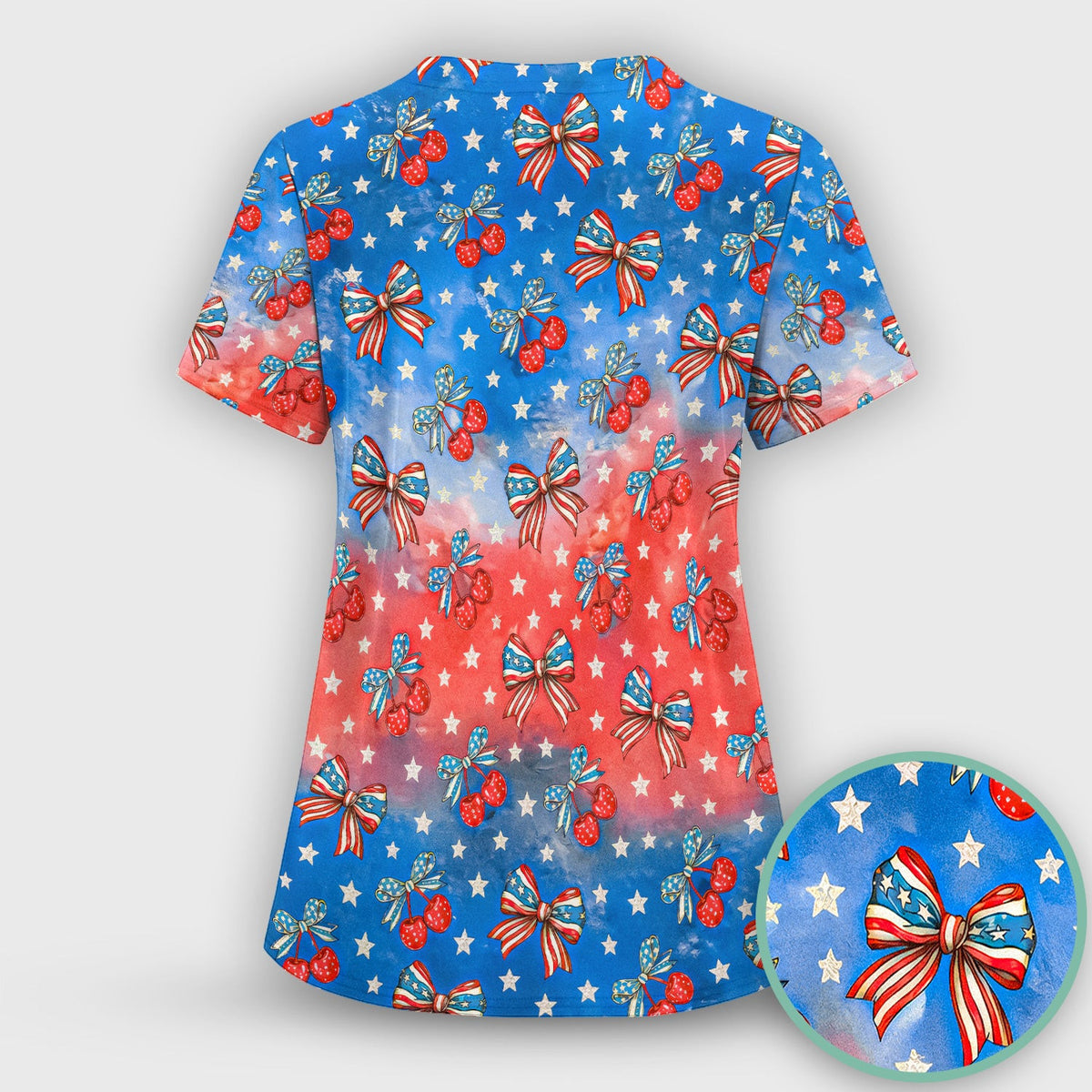 Festive Patriotic Star Bow Cherry Pattern Scrub Top, Comfortable Scrubs for Nurses