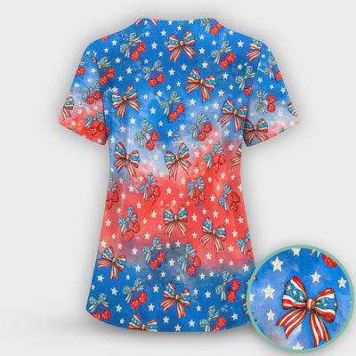 Festive Patriotic Star Bow Cherry Pattern Scrub Top, Comfortable Scrubs for Nurses