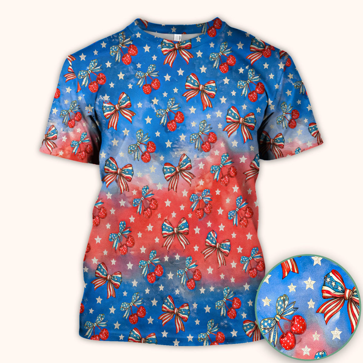 Festive Patriotic Star Bow Cherry Pattern Scrub Top, Comfortable Scrubs for Nurses