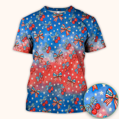 Festive Patriotic Star Bow Cherry Pattern Scrub Top, Comfortable Scrubs for Nurses