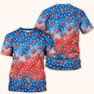Festive Patriotic Star Bow Cherry Pattern Scrub Top, Comfortable Scrubs for Nurses