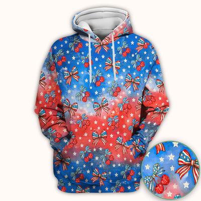 Festive Patriotic Star Bow Cherry Pattern Scrub Top, Comfortable Scrubs for Nurses