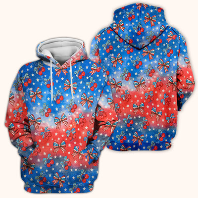 Festive Patriotic Star Bow Cherry Pattern Scrub Top, Comfortable Scrubs for Nurses