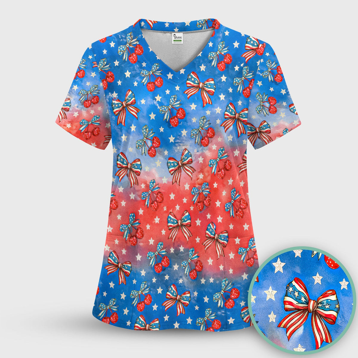 Festive Patriotic Star Bow Cherry Pattern Scrub Top, Comfortable Scrubs for Nurses