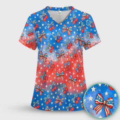 Festive Patriotic Star Bow Cherry Pattern Scrub Top, Comfortable Scrubs for Nurses