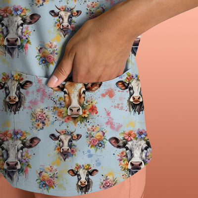 Cute Floral Cow Farm Animal Pattern Scrub Top, Comfortable Scrubs for Nurses