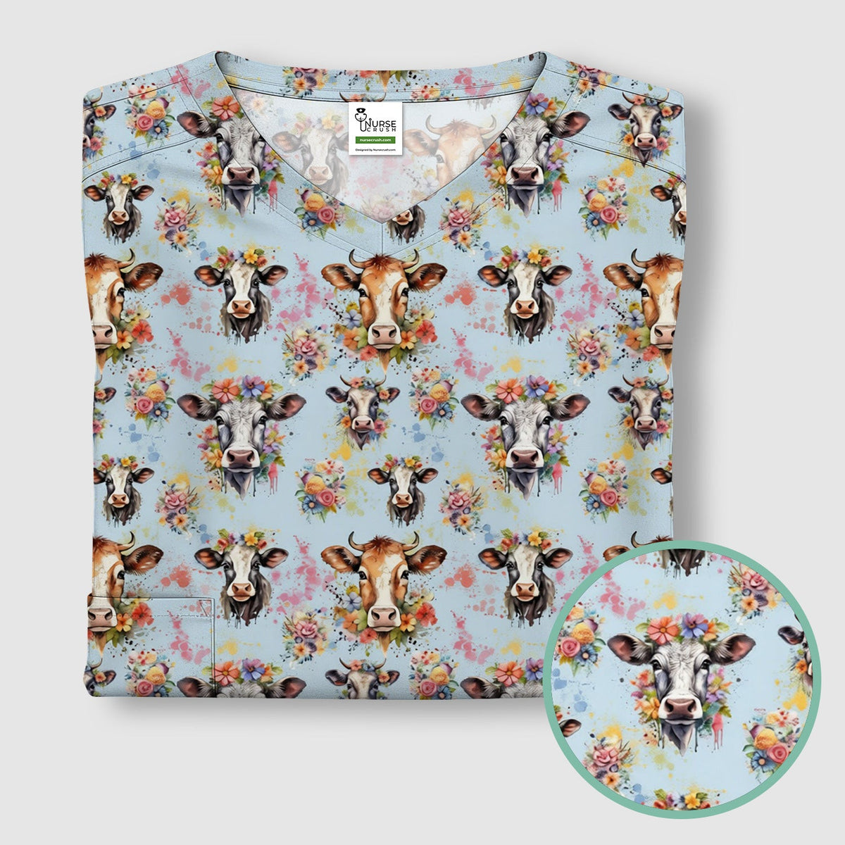 Cute Floral Cow Farm Animal Pattern Scrub Top, Comfortable Scrubs for Nurses