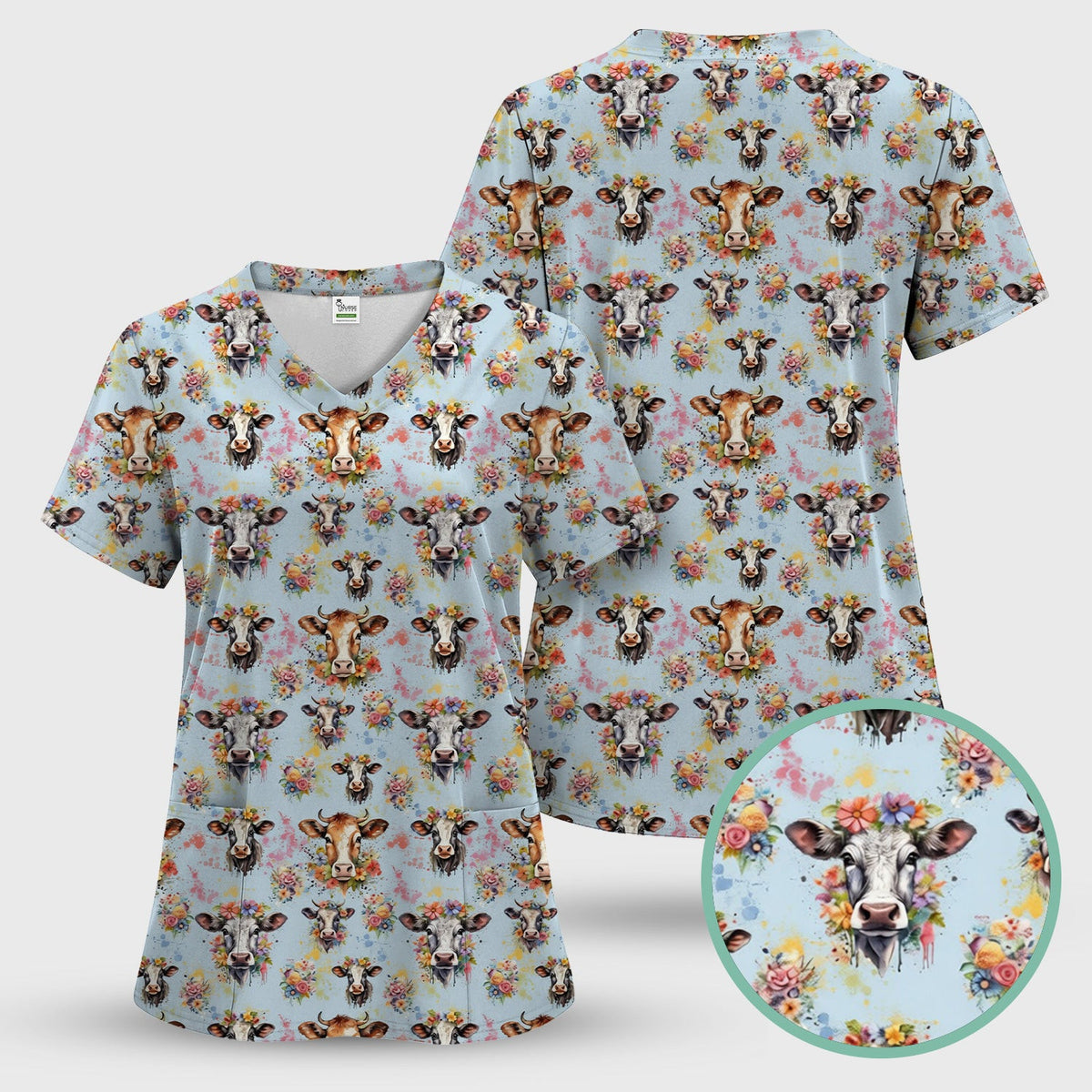 Cute Floral Cow Farm Animal Pattern Scrub Top, Comfortable Scrubs for Nurses