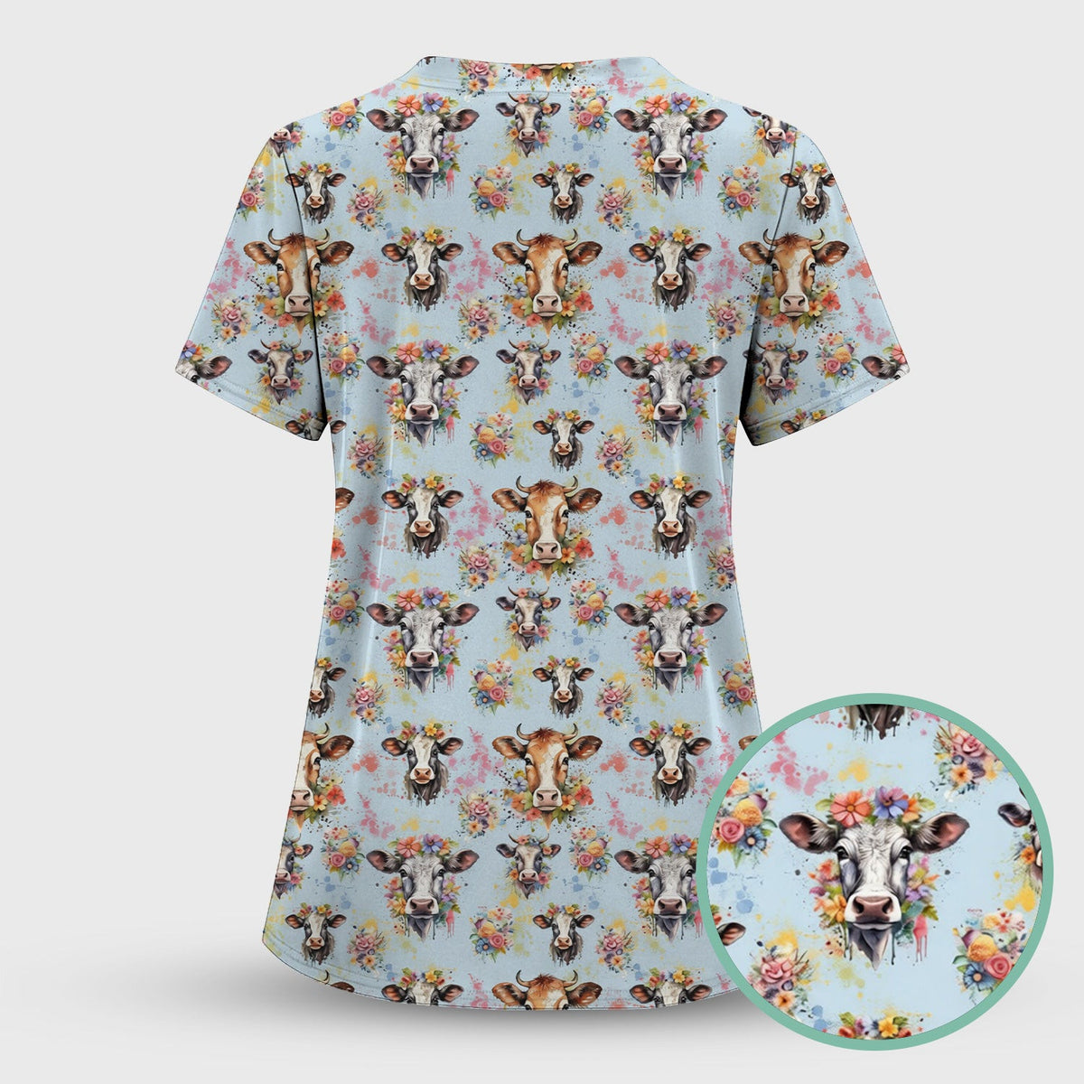 Cute Floral Cow Farm Animal Pattern Scrub Top, Comfortable Scrubs for Nurses