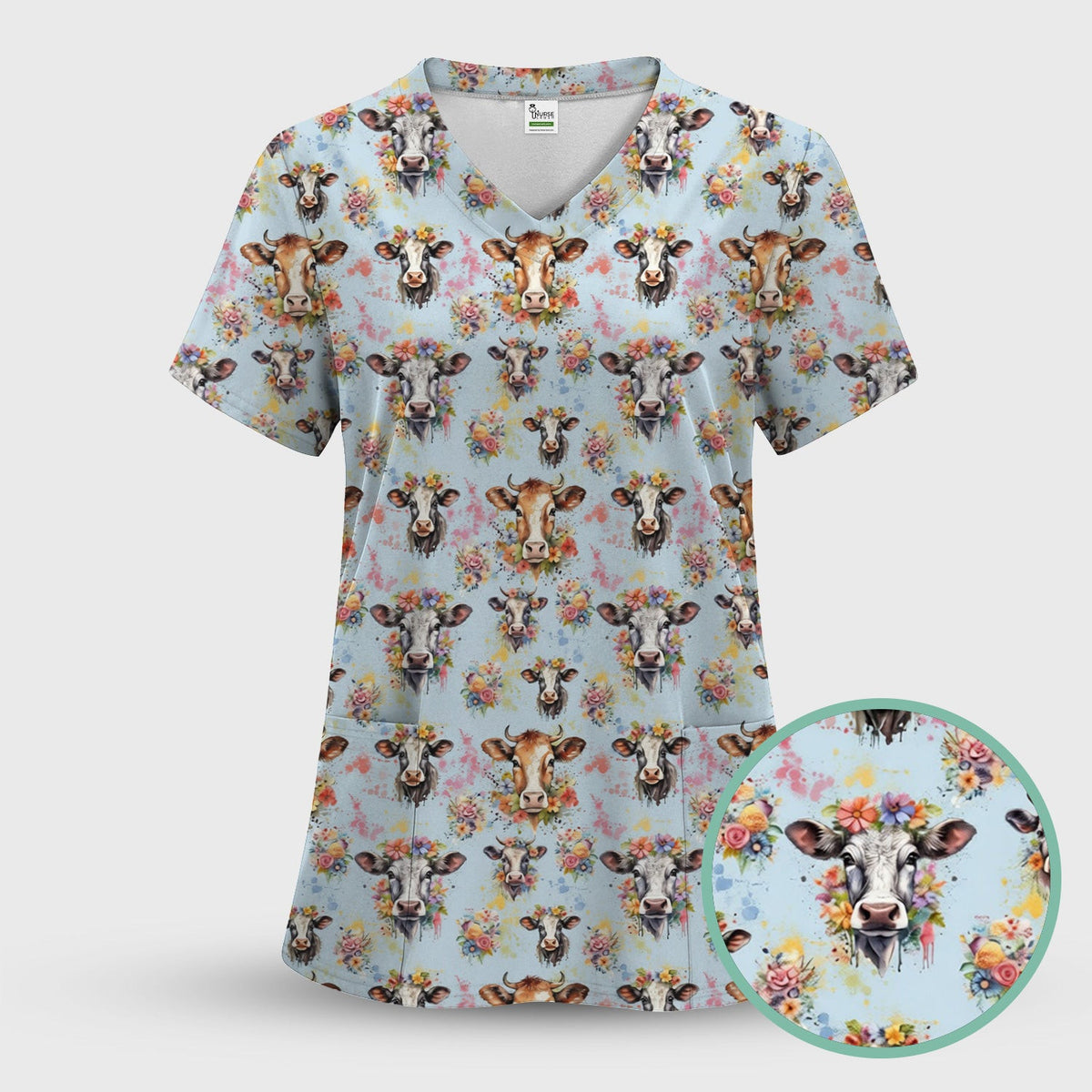 Cute Floral Cow Farm Animal Pattern Scrub Top, Comfortable Scrubs for Nurses