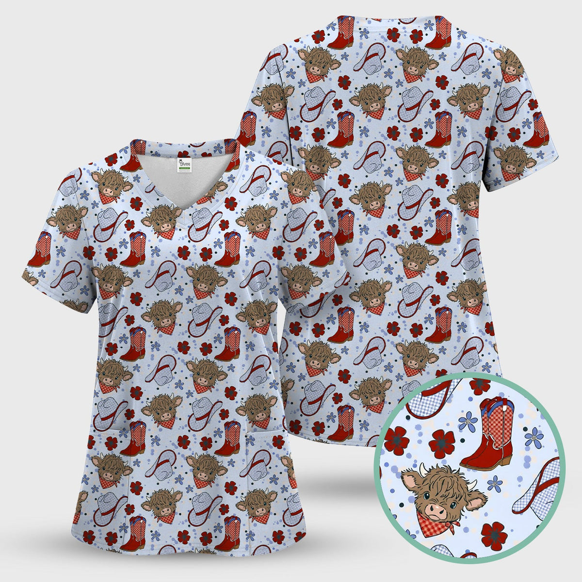 Cute Highland Cow Cowboy Boots Pattern Scrub Top, Comfortable Scrubs for Nurses