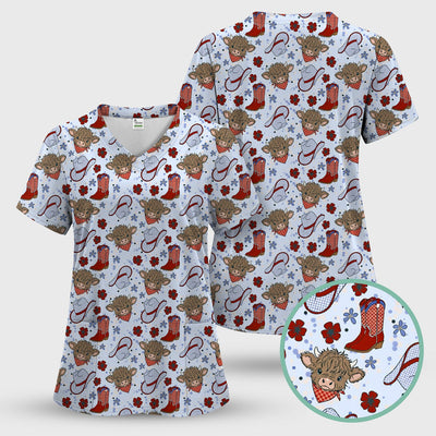 Cute Highland Cow Cowboy Boots Pattern Scrub Top, Comfortable Scrubs for Nurses