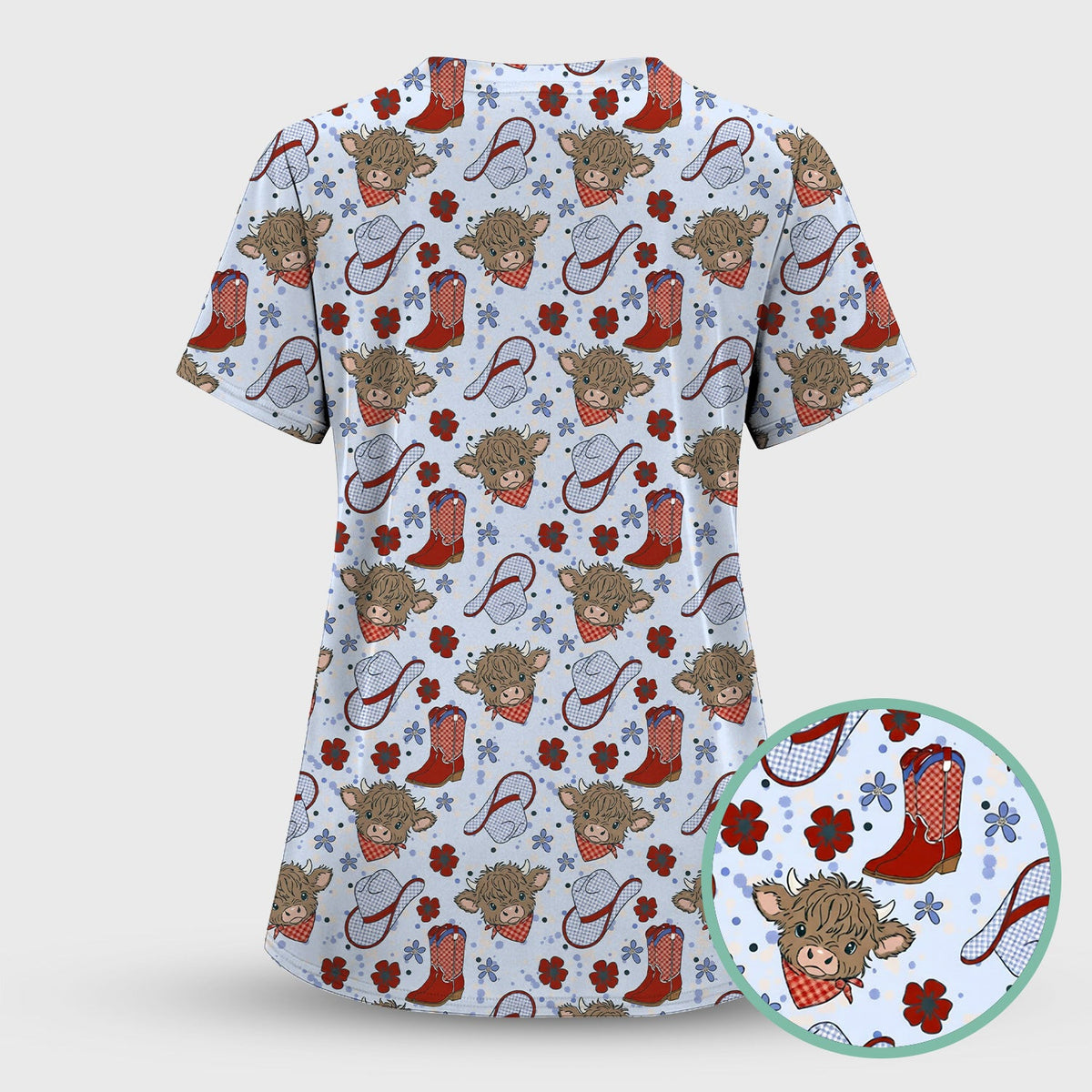 Cute Highland Cow Cowboy Boots Pattern Scrub Top, Comfortable Scrubs for Nurses