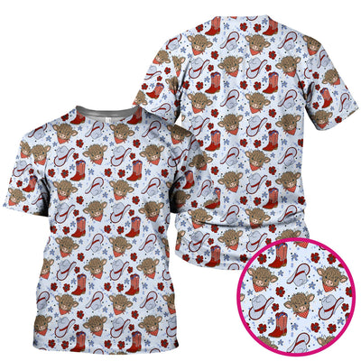Cute Highland Cow Cowboy Boots Pattern Scrub Top, Comfortable Scrubs for Nurses