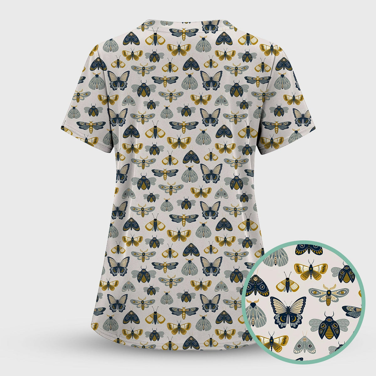 Vintage Butterfly Moth Insect Pattern Scrub Top, Comfortable Scrubs for Nurses