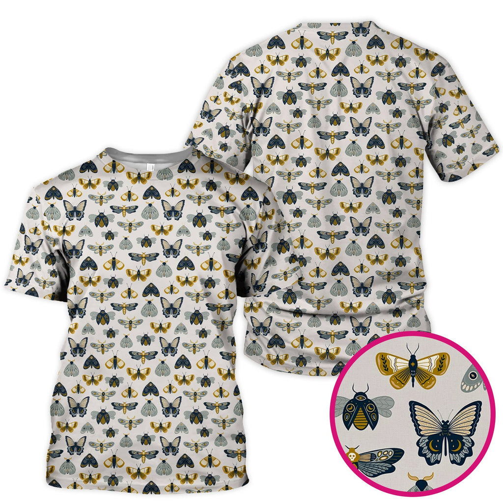 Vintage Butterfly Moth Insect Pattern Scrub Top, Comfortable Scrubs for Nurses