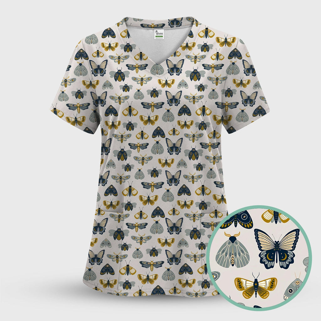 Vintage Butterfly Moth Insect Pattern Scrub Top, Comfortable Scrubs for Nurses