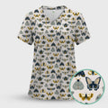 Vintage Butterfly Moth Insect Pattern Scrub Top, Comfortable Scrubs for Nurses