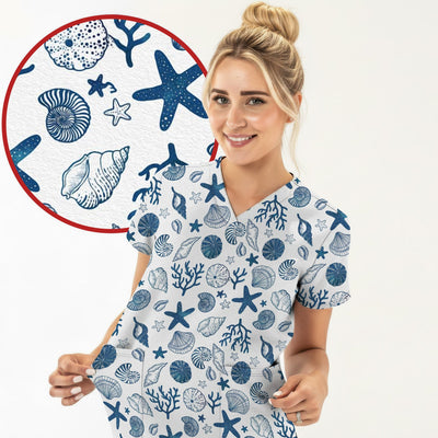 Cute Ocean Shell Starfish Pattern Scrub Top, Comfortable Scrubs for Nurses