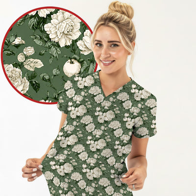 Elegant White Rose Garden Pattern Scrub Top, Comfortable Scrubs for Nurses