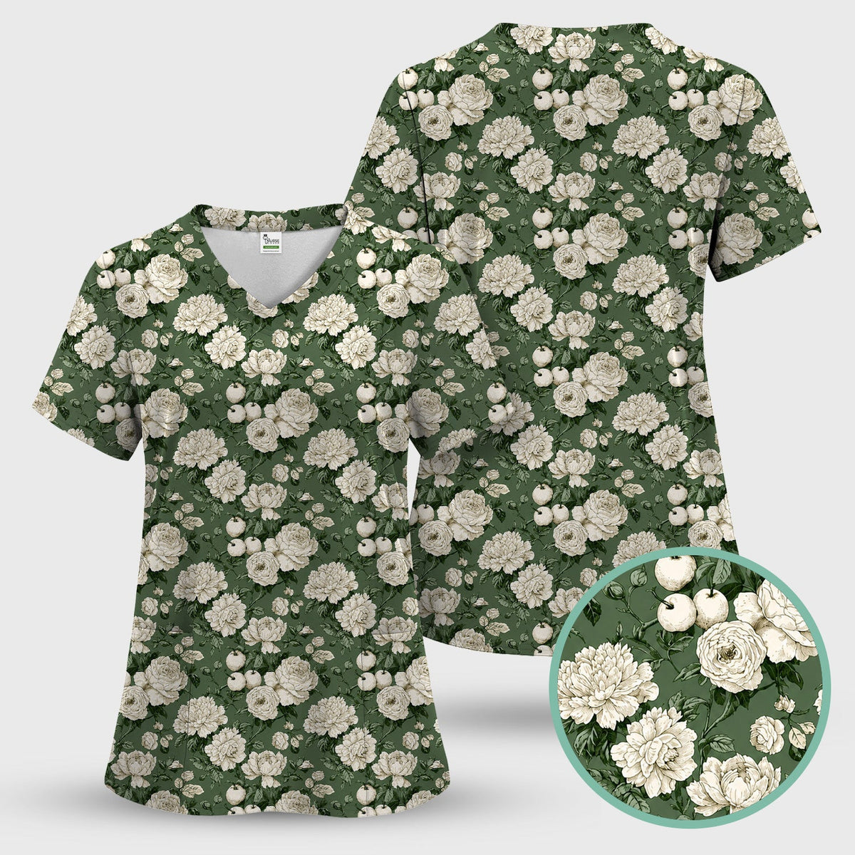 Elegant White Rose Garden Pattern Scrub Top, Comfortable Scrubs for Nurses