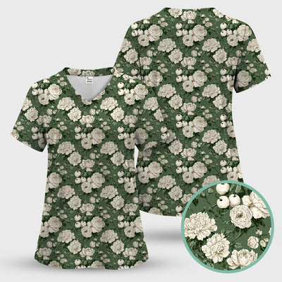Elegant White Rose Garden Pattern Scrub Top, Comfortable Scrubs for Nurses