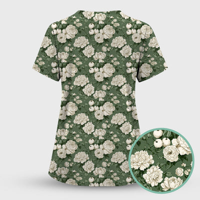 Elegant White Rose Garden Pattern Scrub Top, Comfortable Scrubs for Nurses