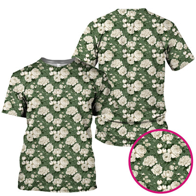 Elegant White Rose Garden Pattern Scrub Top, Comfortable Scrubs for Nurses