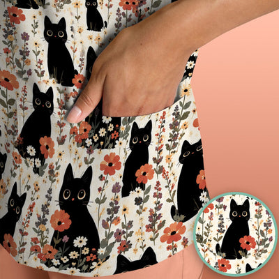 Cute Black Cat Wildflower Pattern Scrub Top, Comfortable Scrubs for Nurses
