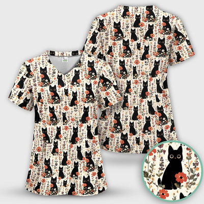 Cute Black Cat Wildflower Pattern Scrub Top, Comfortable Scrubs for Nurses