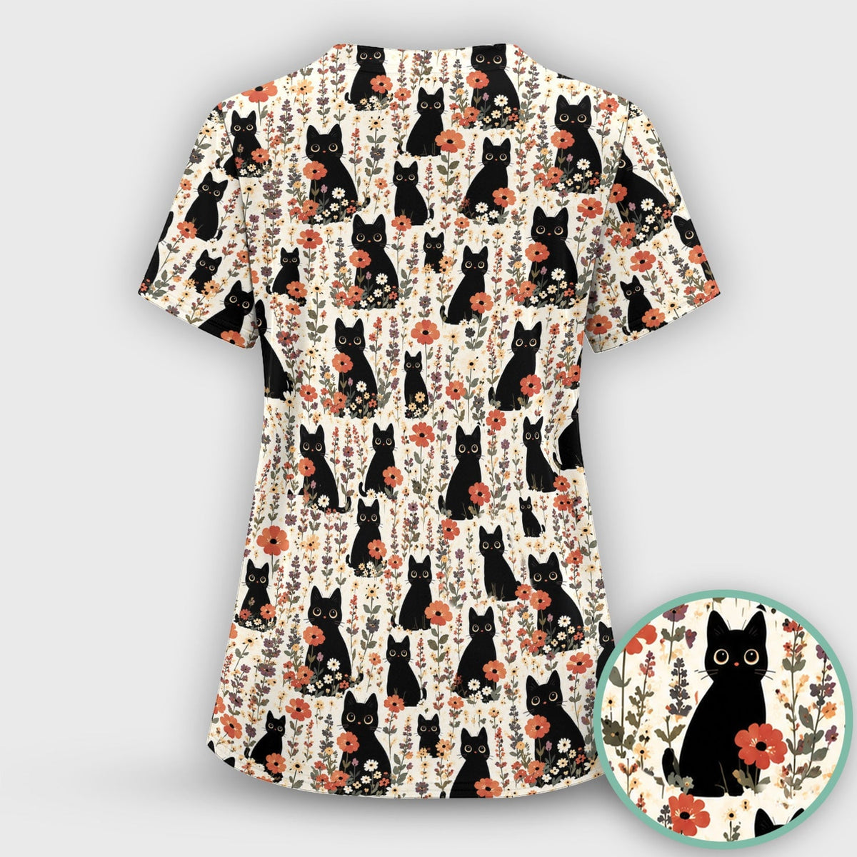 Cute Black Cat Wildflower Pattern Scrub Top, Comfortable Scrubs for Nurses