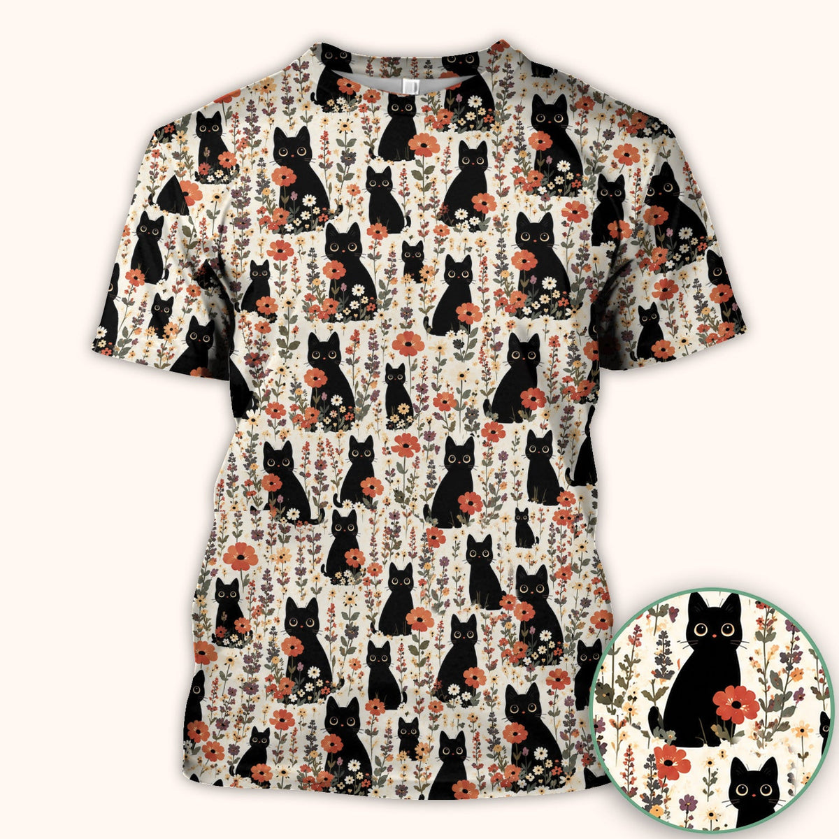 Cute Black Cat Wildflower Pattern Scrub Top, Comfortable Scrubs for Nurses