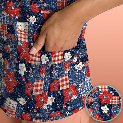 Patriotic Gingham Floral Patchwork Pattern Scrub Top, Comfortable Scrubs for Nurses
