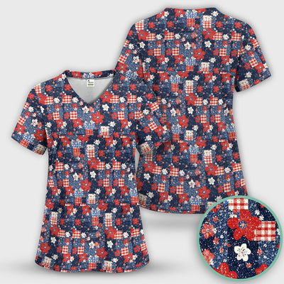 Patriotic Gingham Floral Patchwork Pattern Scrub Top, Comfortable Scrubs for Nurses