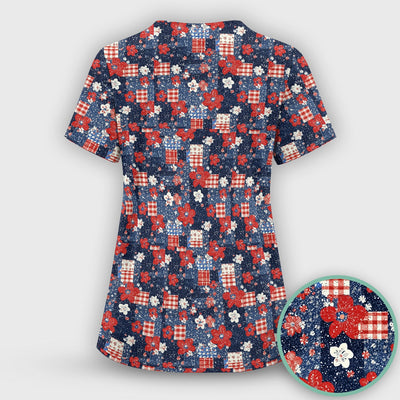 Patriotic Gingham Floral Patchwork Pattern Scrub Top, Comfortable Scrubs for Nurses