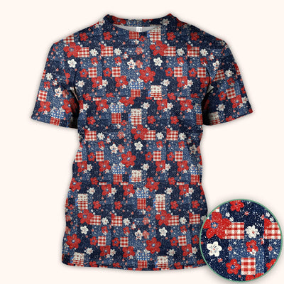 Patriotic Gingham Floral Patchwork Pattern Scrub Top, Comfortable Scrubs for Nurses