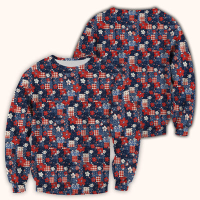 Patriotic Gingham Floral Patchwork Pattern Scrub Top, Comfortable Scrubs for Nurses