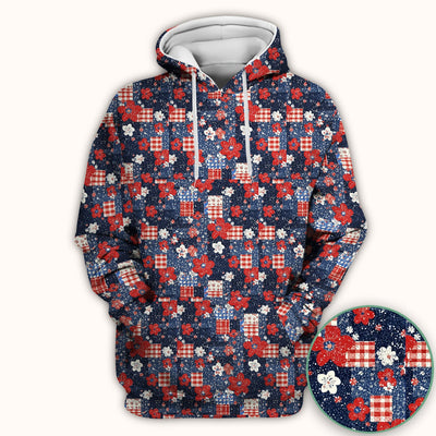 Patriotic Gingham Floral Patchwork Pattern Scrub Top, Comfortable Scrubs for Nurses