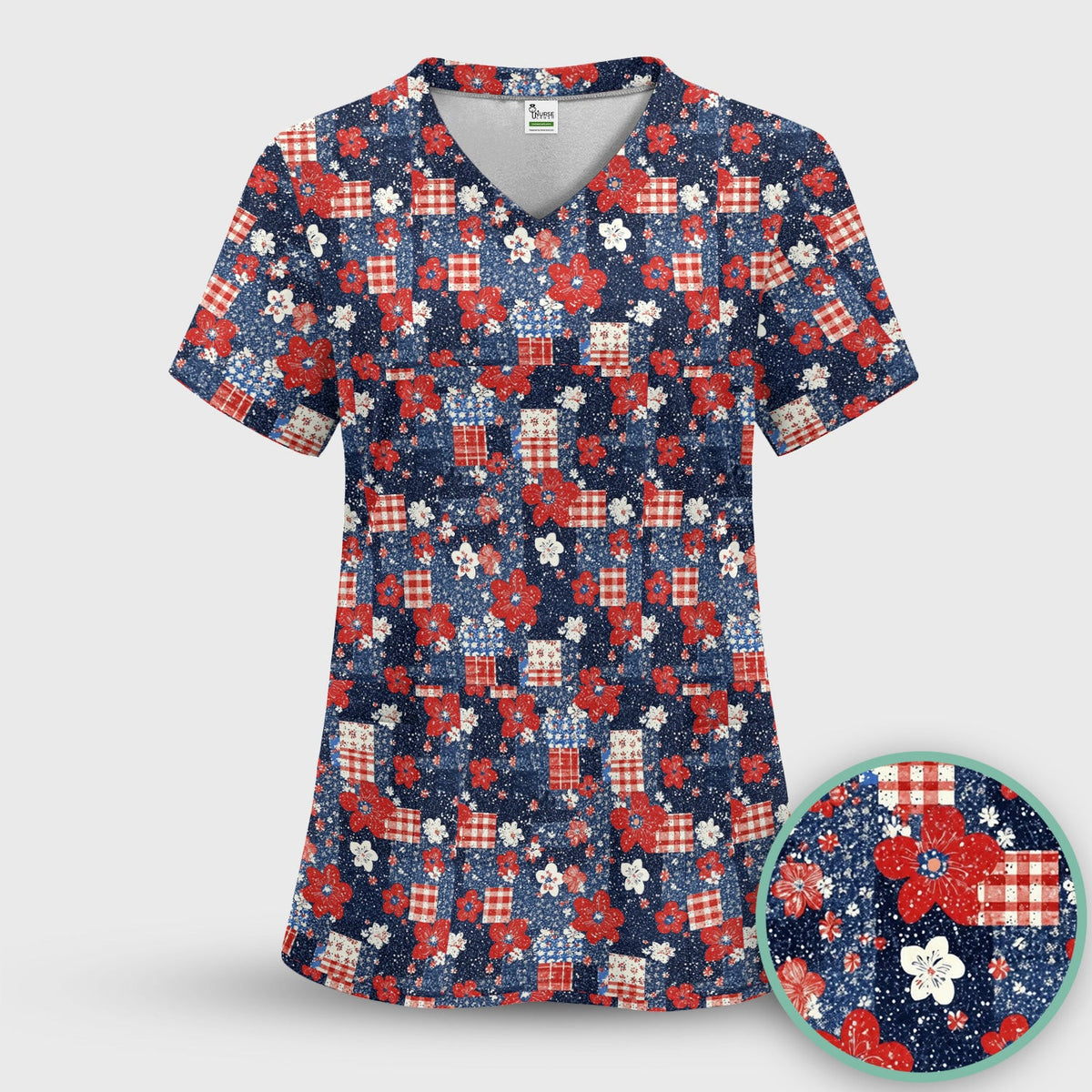 Patriotic Gingham Floral Patchwork Pattern Scrub Top, Comfortable Scrubs for Nurses
