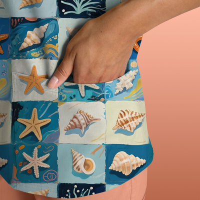 Cute Seashell Starfish Ocean Tile Pattern Scrub Top, Comfortable Scrubs for Nurses