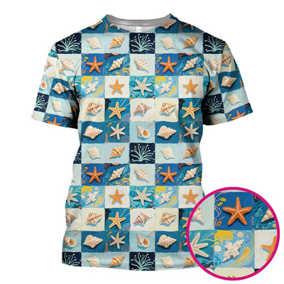 Cute Seashell Starfish Ocean Tile Pattern Scrub Top, Comfortable Scrubs for Nurses