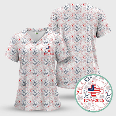 Patriotic Nurse Stethoscope Flag Pattern Scrub Top, Comfortable Scrubs for Nurses