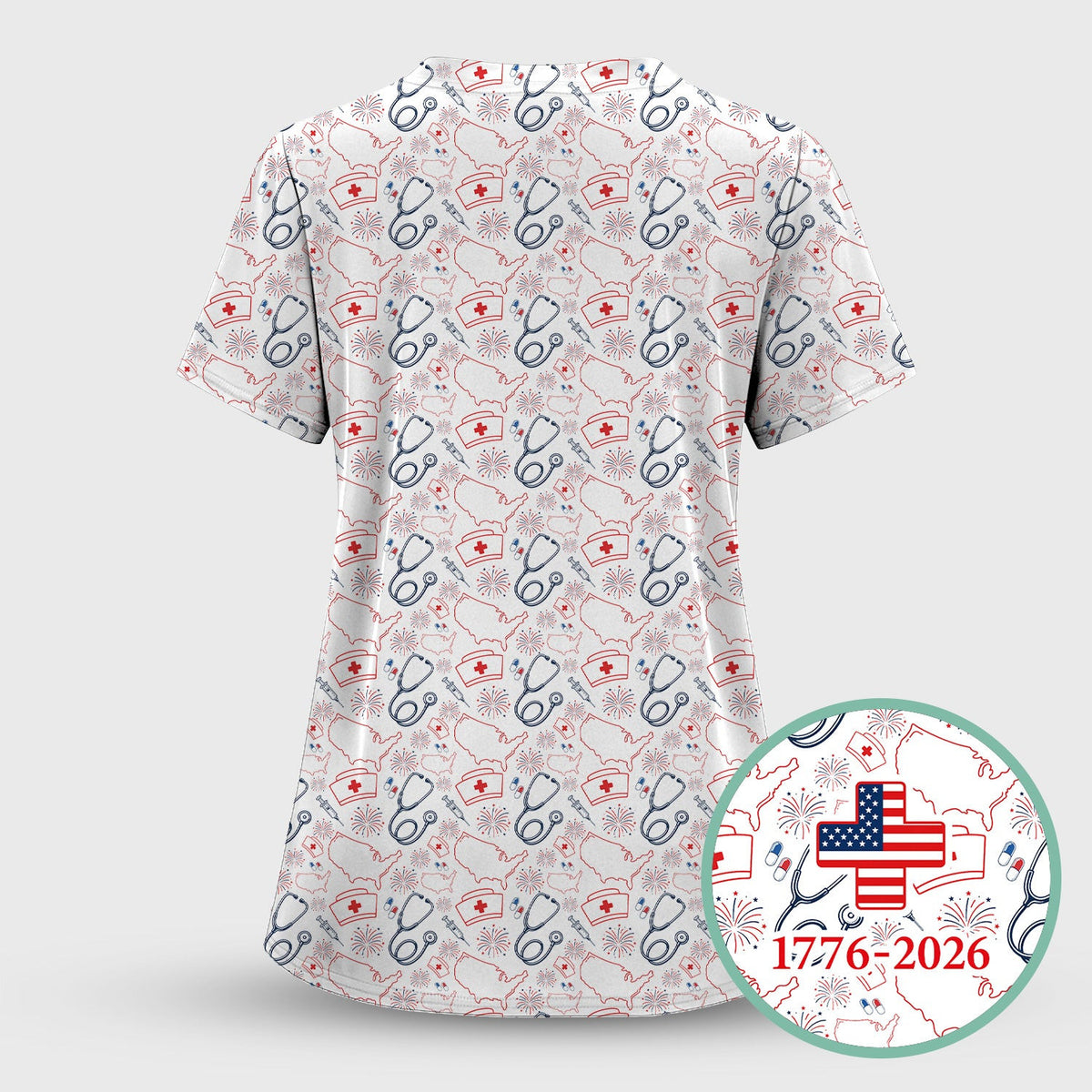 Patriotic Nurse Stethoscope Flag Pattern Scrub Top, Comfortable Scrubs for Nurses