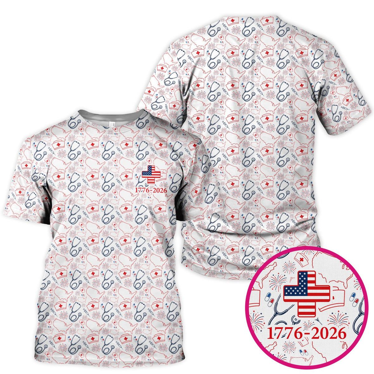 Patriotic Nurse Stethoscope Flag Pattern Scrub Top, Comfortable Scrubs for Nurses