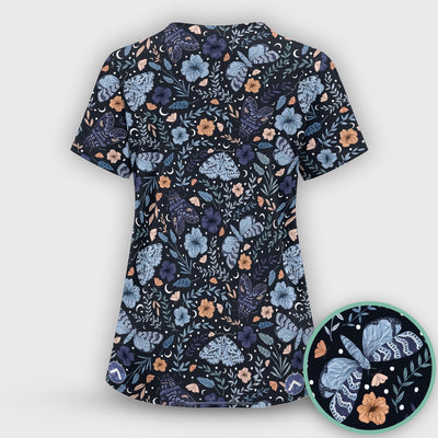 Charming Night Moth Butterfly Floral Pattern Scrub Top, Comfortable Scrubs for Nurses