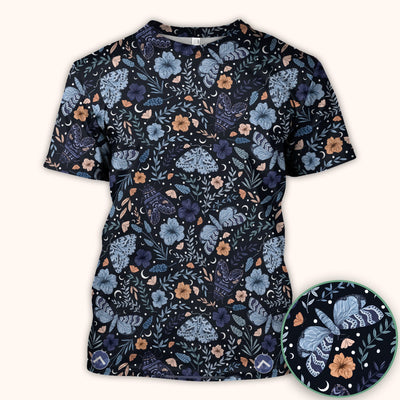 Charming Night Moth Butterfly Floral Pattern Scrub Top, Comfortable Scrubs for Nurses