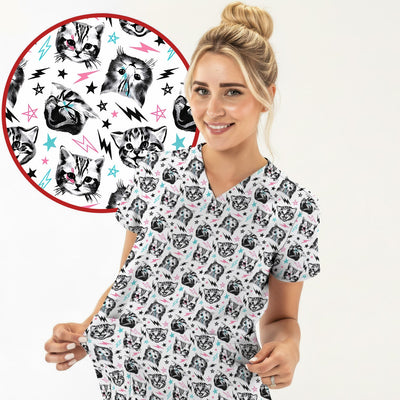 Playful Cat Faces Lightning Pattern Scrub Top, Comfortable Scrubs for Nurses