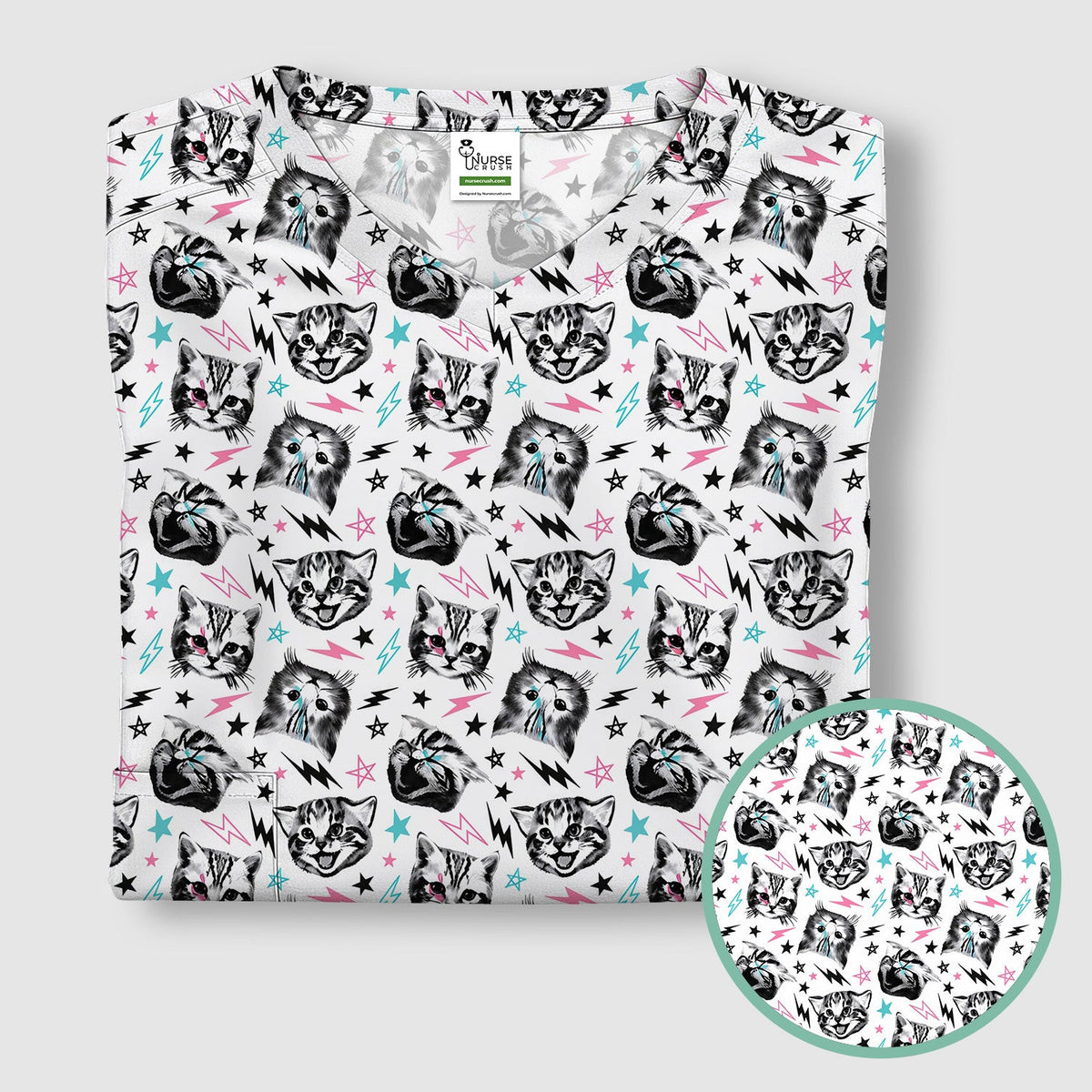 Playful Cat Faces Lightning Pattern Scrub Top, Comfortable Scrubs for Nurses