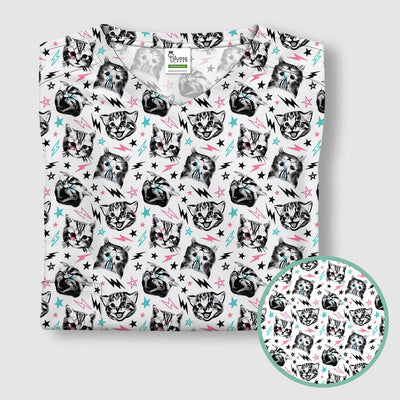 Playful Cat Faces Lightning Pattern Scrub Top, Comfortable Scrubs for Nurses