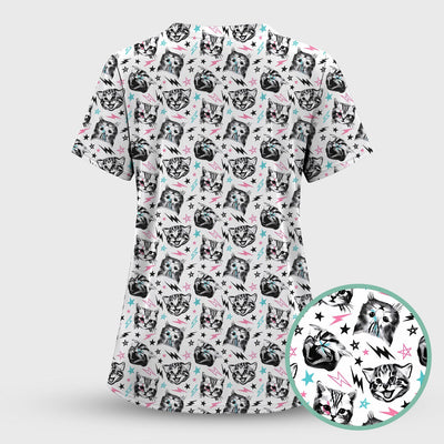 Playful Cat Faces Lightning Pattern Scrub Top, Comfortable Scrubs for Nurses